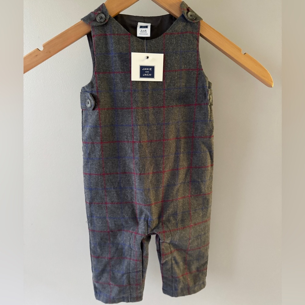 Janie & Jack Autumn Pup Windowpane Plaid Longall Romper Brushed Cotton 3-6m